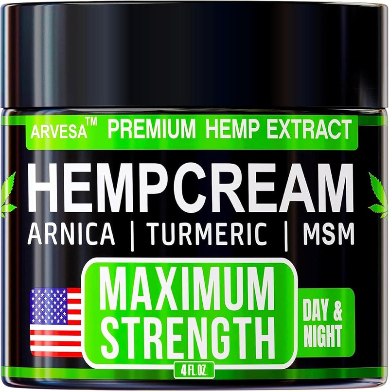 Arvesa Hemp Cream Maximum Strength with Glucosamine, Arnica, Turmeric, MSM - Natural Hemp Oil Gel Rub - Fast Absorption, Non-Greasy - Advanced Formula - Formulated in USA - 4 FL OZ - Image 1